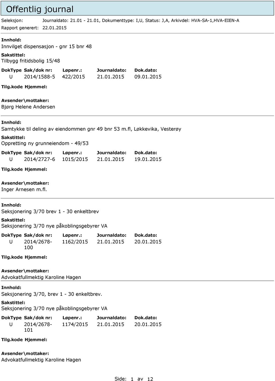 fl. Seksjonering 3/70 brev 1-30 enkeltbrev Seksjonering 3/70 nye påkoblingsgebyrer VA 2014/2678-100 1162/2015 Advokatfullmektig Karoline Hagen Seksjonering 3/70, brev 1-30