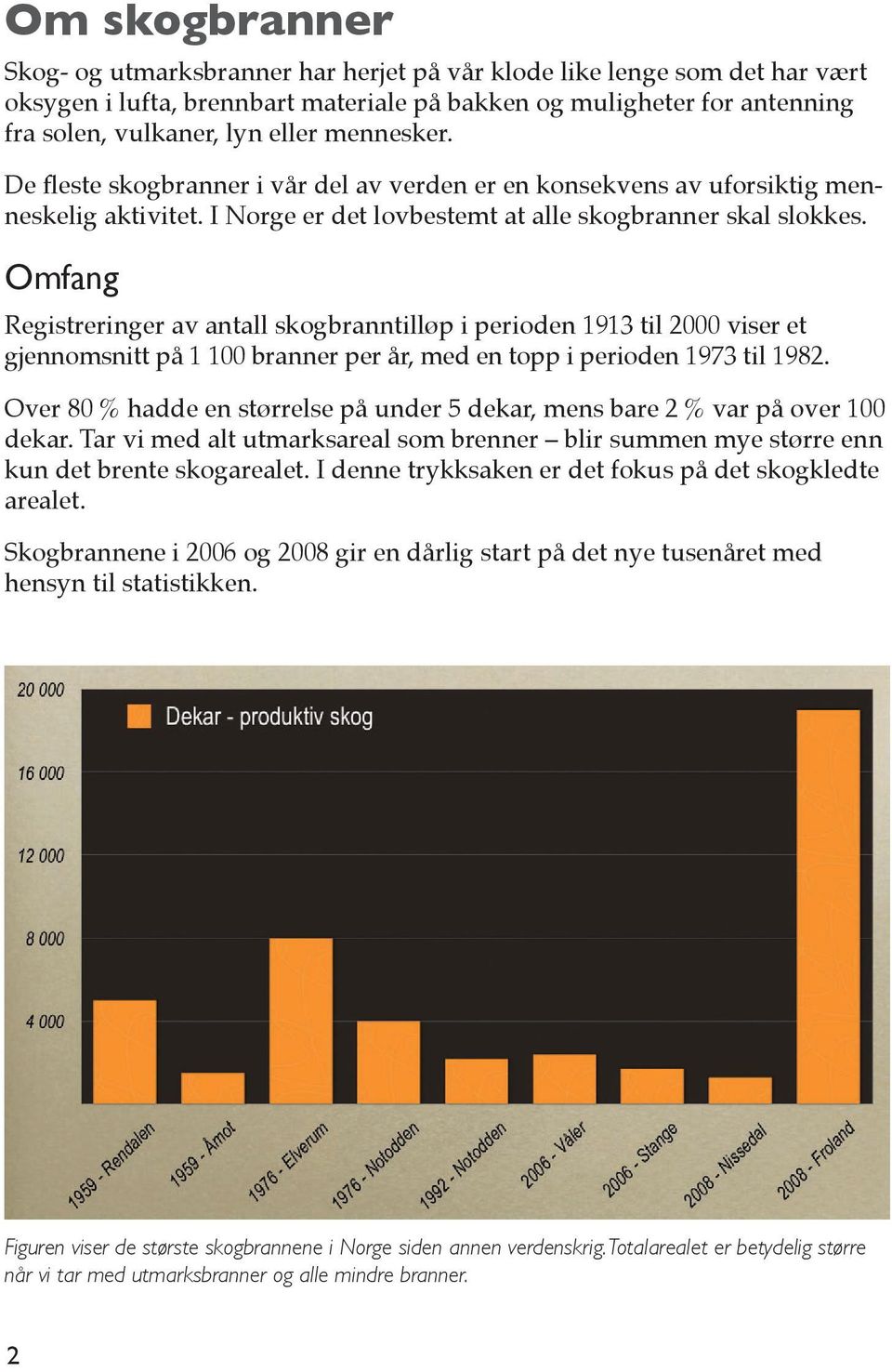 Omfang Registreringer av antall skogbranntilløp i perioden 1913 til 2000 viser et gjennomsnitt på 1 100 branner per år, med en topp i perioden 1973 til 1982.