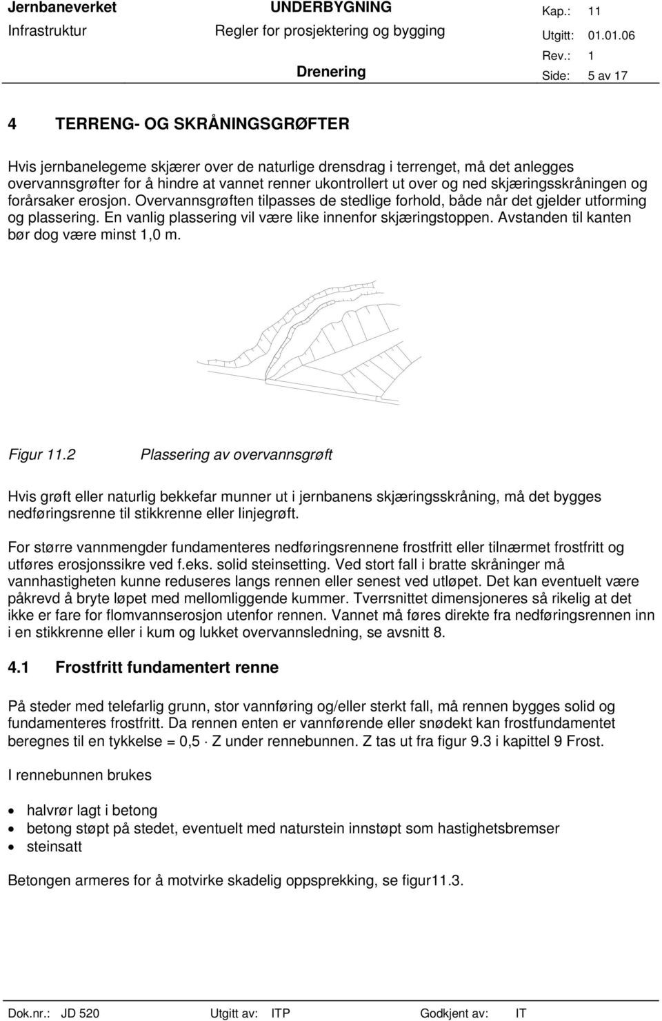 En vanlig plassering vil være like innenfor skjæringstoppen. Avstanden til kanten bør dog være minst 1,0 m. Figur 11.