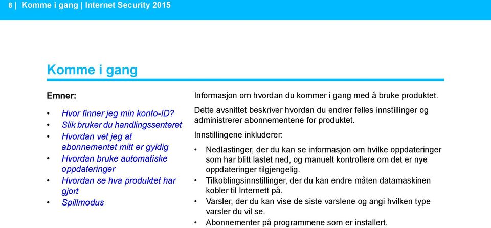 Slik bruker du handlingssenteret Hvordan vet jeg at Innstillingene inkluderer: abonnementet mitt er gyldig Nedlastinger, der du kan se informasjon om hvilke oppdateringer Hvordan bruke automatiske