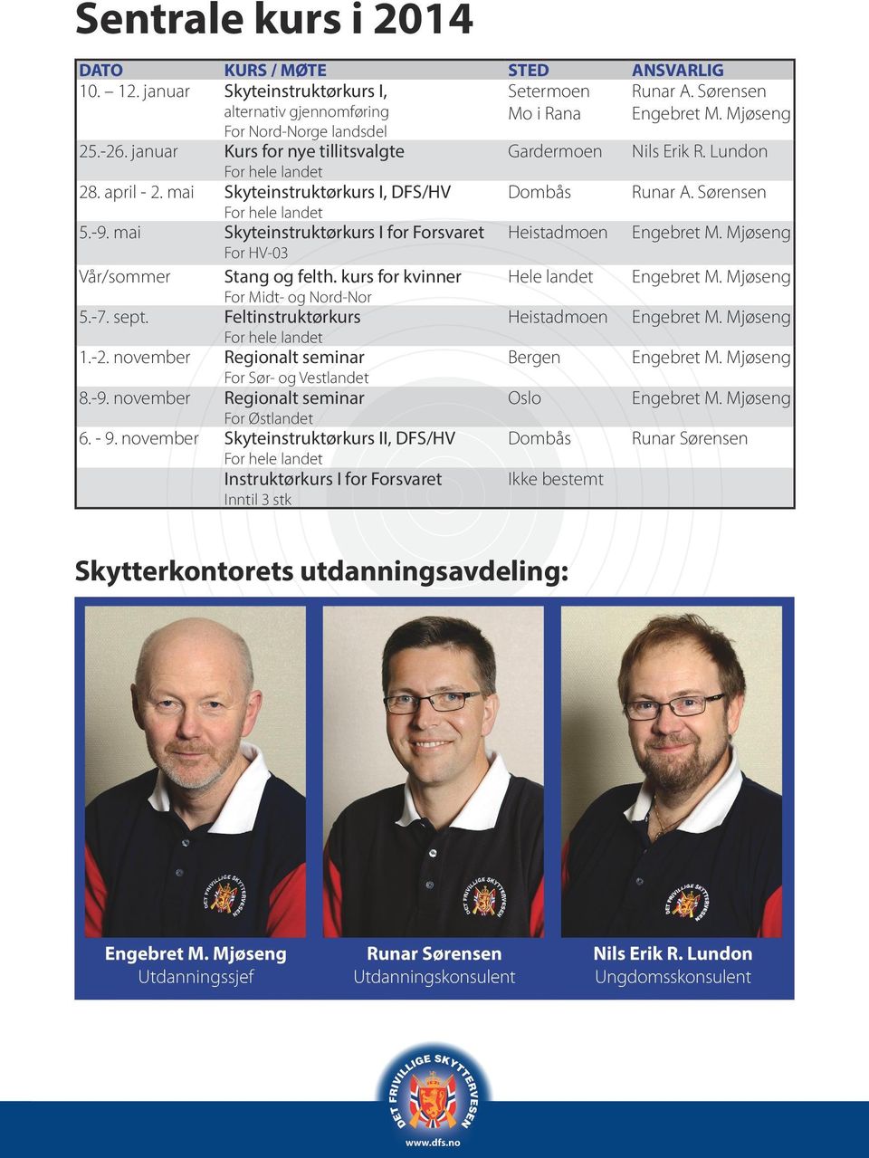 Sørensen For hele landet 5.-9. mai Skyteinstruktørkurs I for Forsvaret Heistadmoen Engebret M. Mjøseng For HV-03 Vår/sommer Stang og felth. kurs for kvinner Hele landet Engebret M.