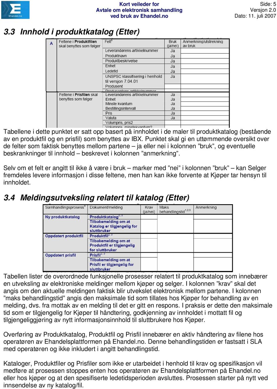 Selv om et felt er angitt til ikke å være i bruk marker med nei i kolonnen bruk kan Selger fremdeles levere informasjon i disse feltene, men han kan ikke forvente at Kjøper tar hensyn til innholdet.