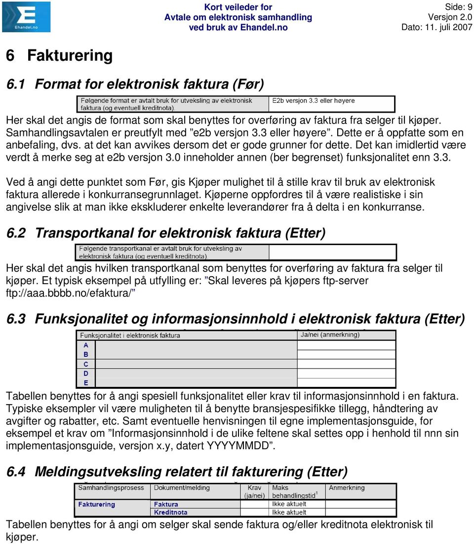 Det kan imidlertid være verdt å merke seg at e2b versjon 3.0 inneholder annen (ber begrenset) funksjonalitet enn 3.3. Ved å angi dette punktet som Før, gis Kjøper mulighet til å stille krav til bruk av elektronisk faktura allerede i konkurransegrunnlaget.