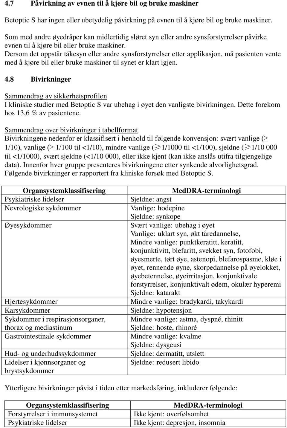 Dersom det oppstår tåkesyn eller andre synsforstyrrelser etter applikasjon, må pasienten vente med å kjøre bil eller bruke maskiner til synet er klart igjen. 4.