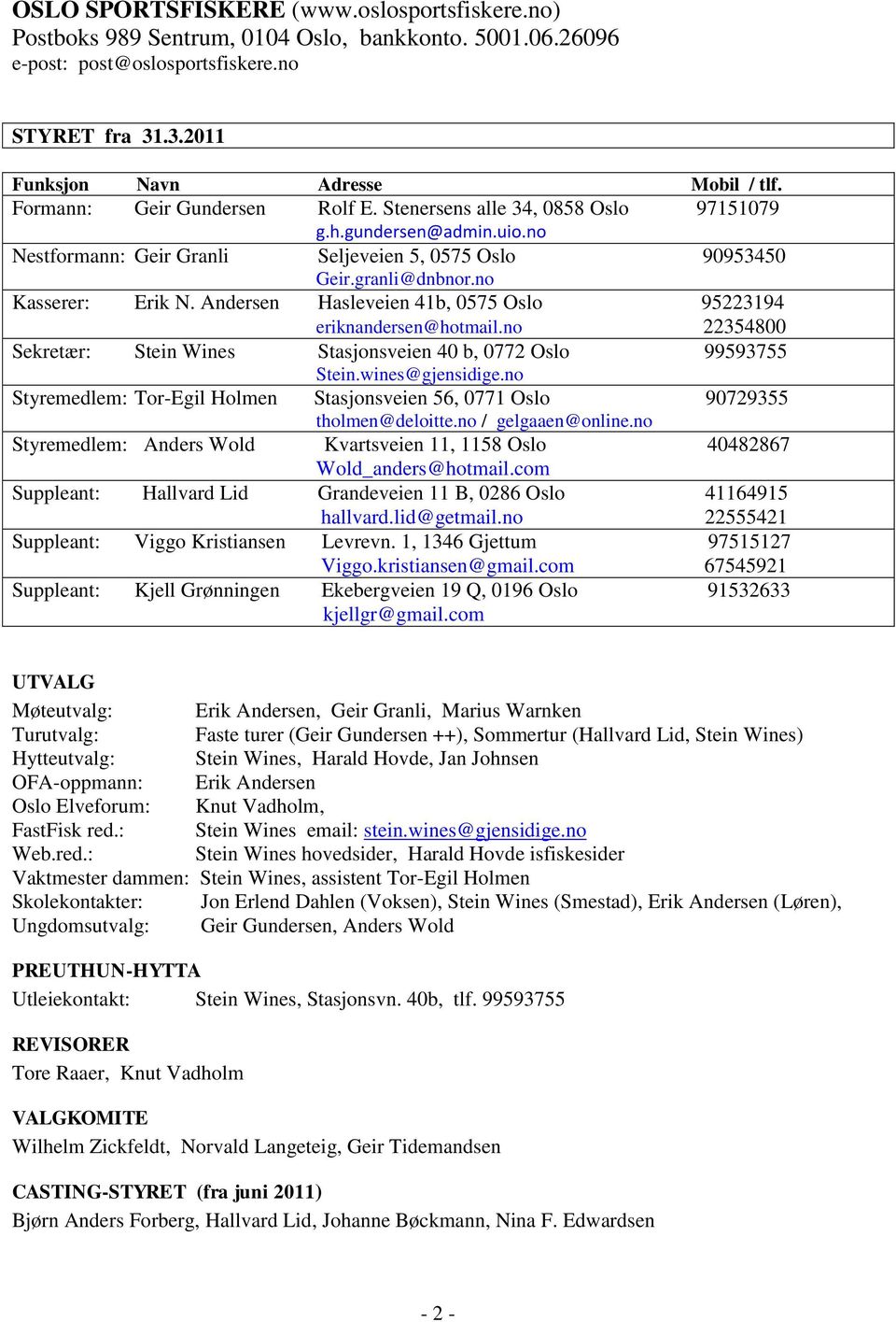 Andersen Hasleveien 41b, 0575 Oslo 95223194 eriknandersen@hotmail.no 22354800 Sekretær: Stein Wines Stasjonsveien 40 b, 0772 Oslo 99593755 Stein.wines@gjensidige.