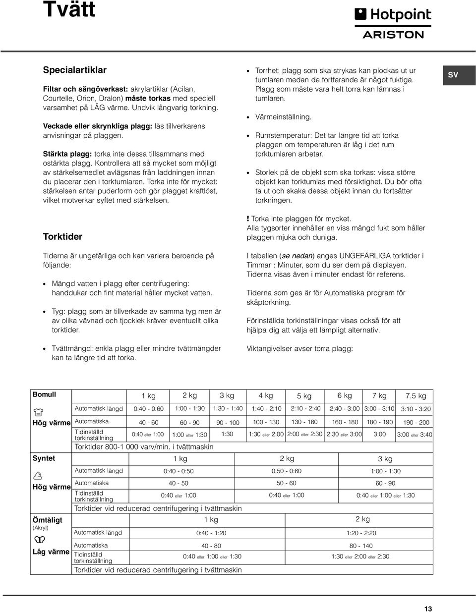 Kontrollera att så mycket som möjligt av stärkelsemedlet avlägsnas från laddningen innan du placerar den i torktumlaren.