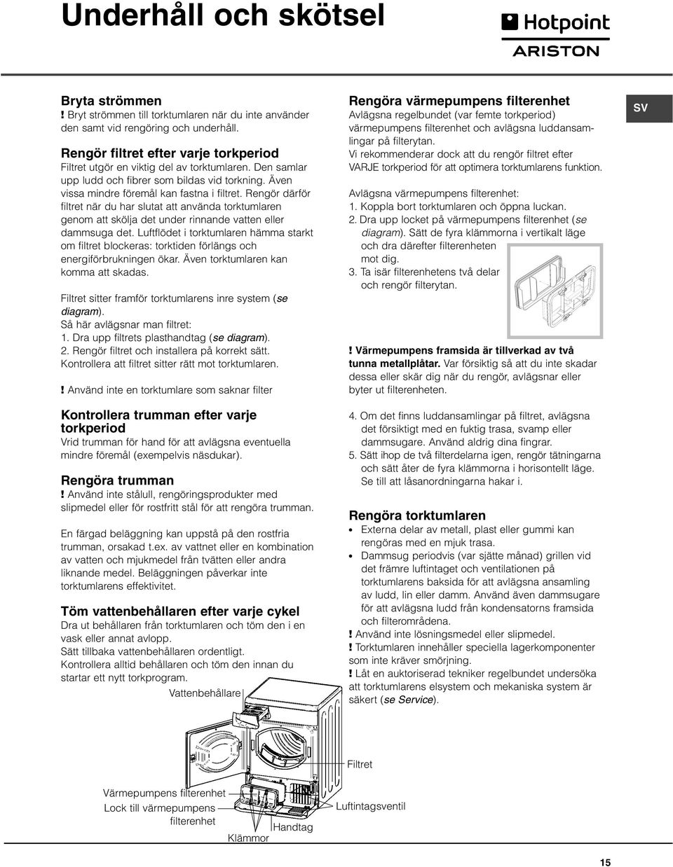 Rengör därför filtret när du har slutat att använda torktumlaren genom att skölja det under rinnande vatten eller dammsuga det.