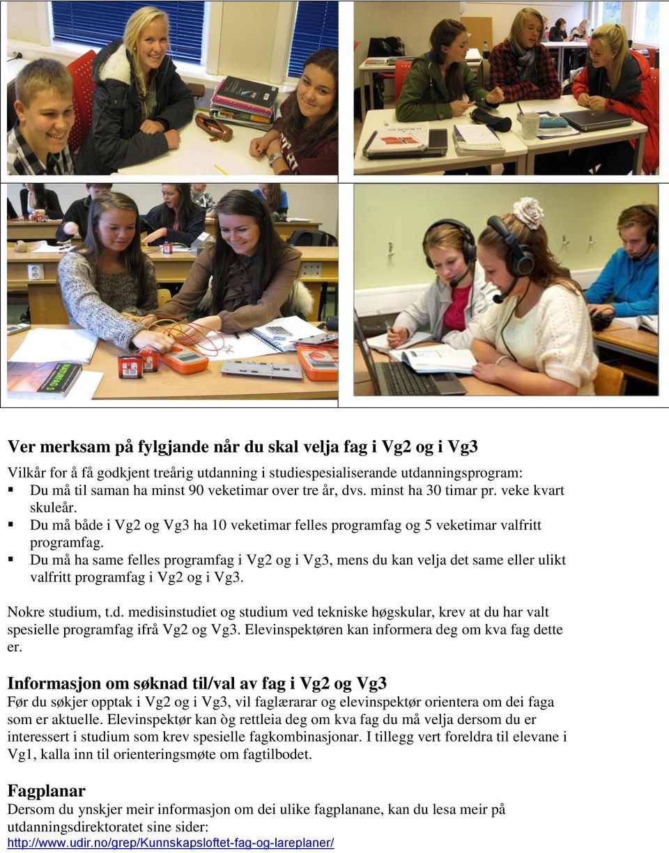 Du må ha same felles programfag i Vg2 og i Vg3, mens du kan velja det same eller ulikt valfritt programfag i Vg2 og i Vg3. Nokre studium, t.d. medisinstudiet og studium ved tekniske høgskular, krev at du har valt spesielle programfag ifrå Vg2 og Vg3.