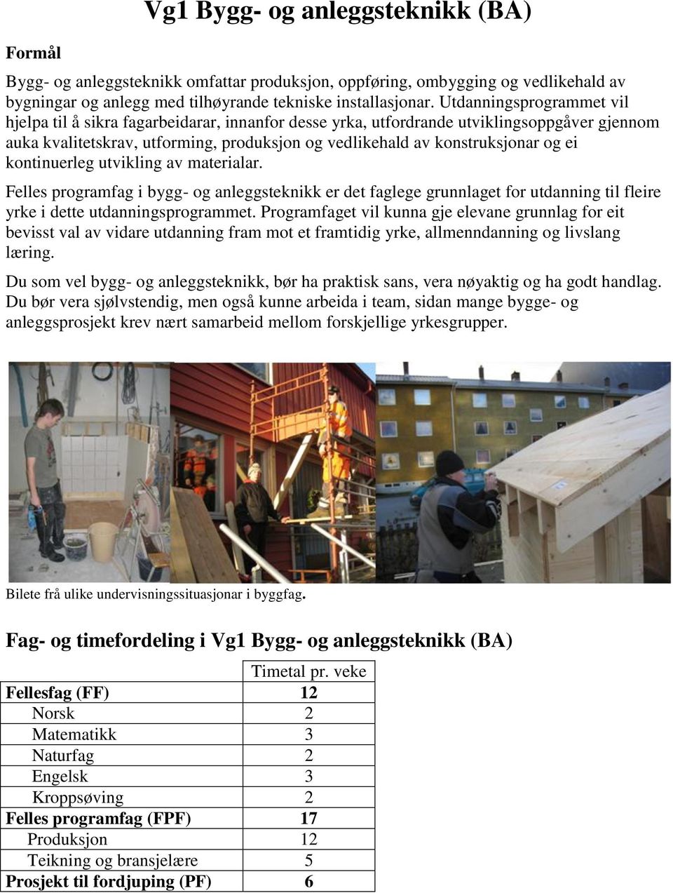 kontinuerleg utvikling av materialar. Felles programfag i bygg- og anleggsteknikk er det faglege grunnlaget for utdanning til fleire yrke i dette utdanningsprogrammet.