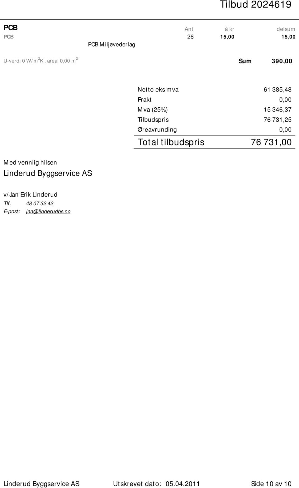 346,37 Tilbudspris 76 73,25 Øreavrunding 0,00 Total tilbudspris 76 73,00 v/jan Erik Linderud