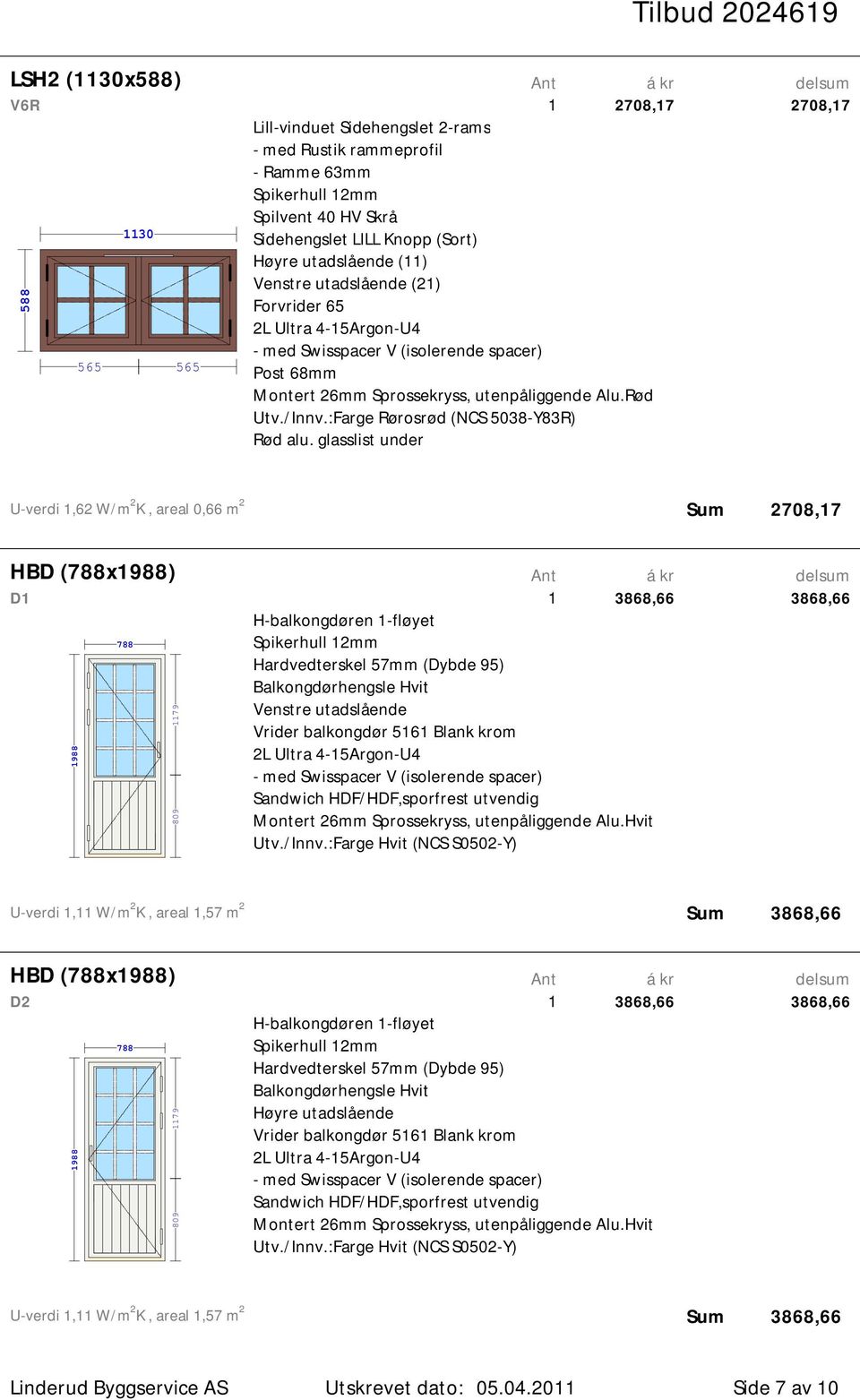 3868,66 U-verdi, W/m 2 K, areal,57 m 2 Sum 3868,66 HBD (x988) D2 988 79 809 3868,66 H-balkongdøren -fløyet Spikerhull 2mm Balkongdørhengsle Hvit Høyre