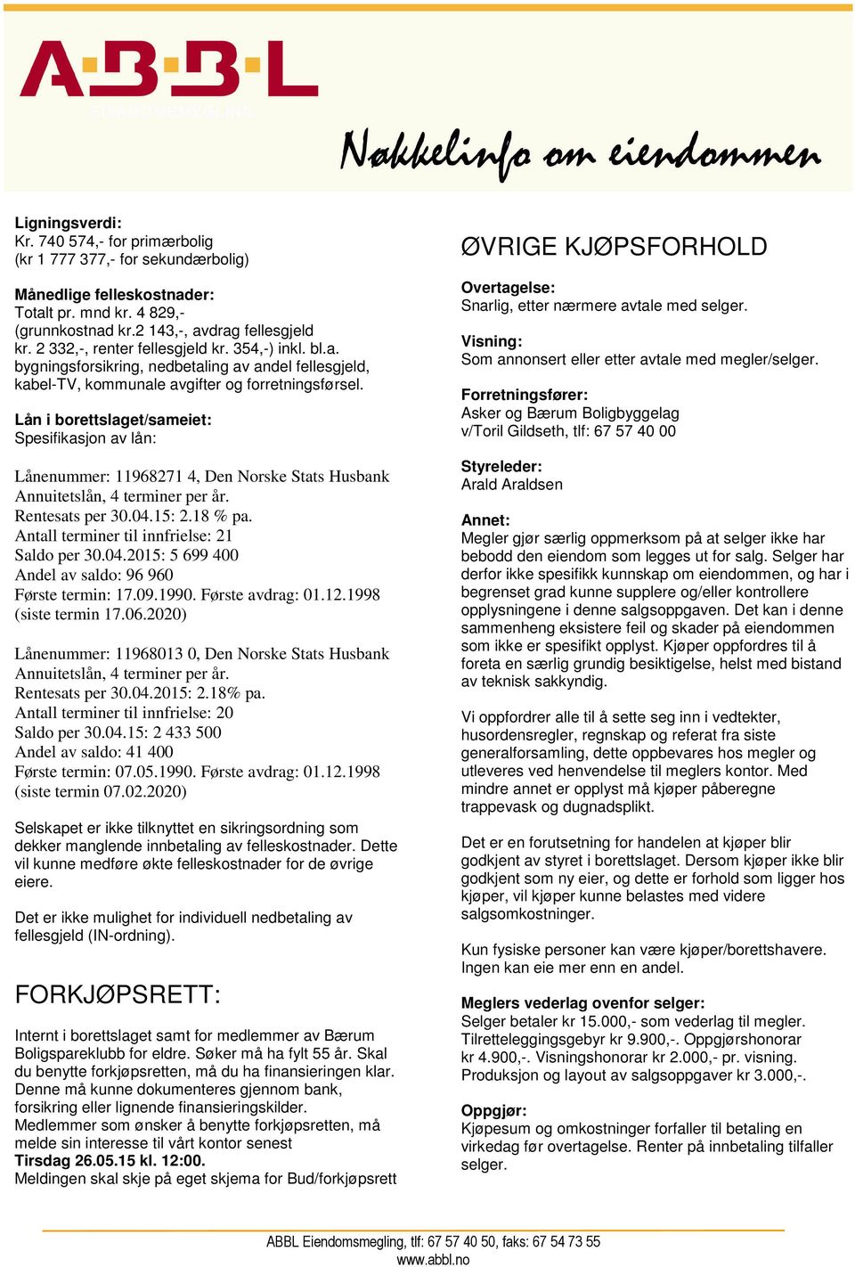 Lån i borettslaget/sameiet: Spesifikasjon av lån: Lånenummer: 11968271 4, Den Norske Stats Husbank Annuitetslån, 4 terminer per år. Rentesats per 30.04.15: 2.18 % pa.