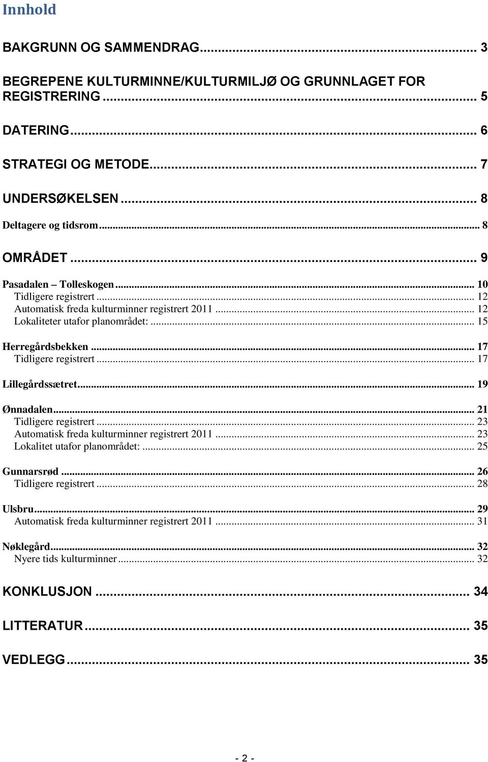 .. 17 Tidligere registrert... 17 Lillegårdssætret... 19 Ønnadalen... 21 Tidligere registrert... 23 Automatisk freda kulturminner registrert 2011... 23 Lokalitet utafor planområdet:.