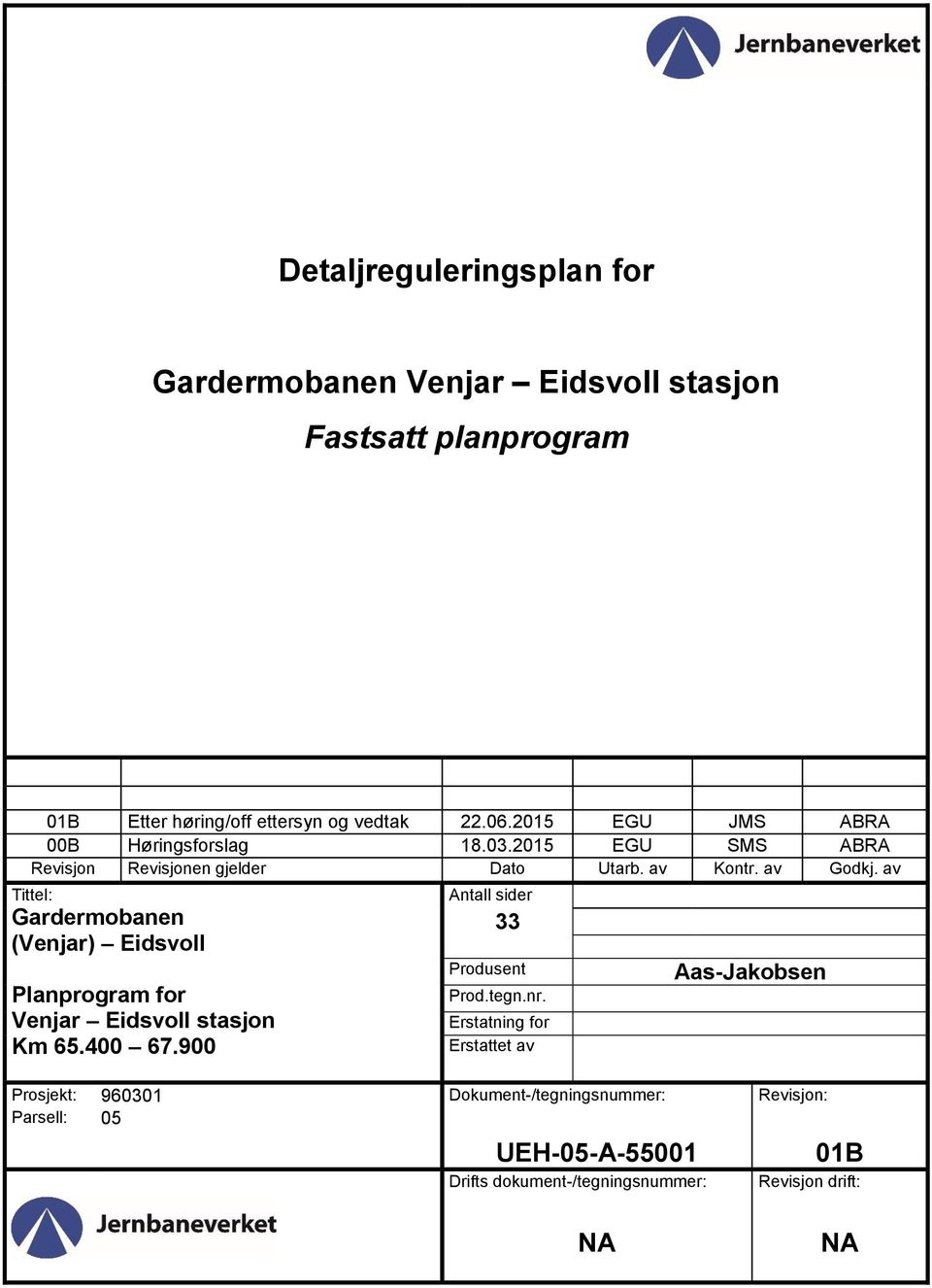 av Tittel: Gardermobanen (Venjar) Eidsvoll for Km 65.400 67.900 Antall sider 33 Produsent Prod.tegn.nr.