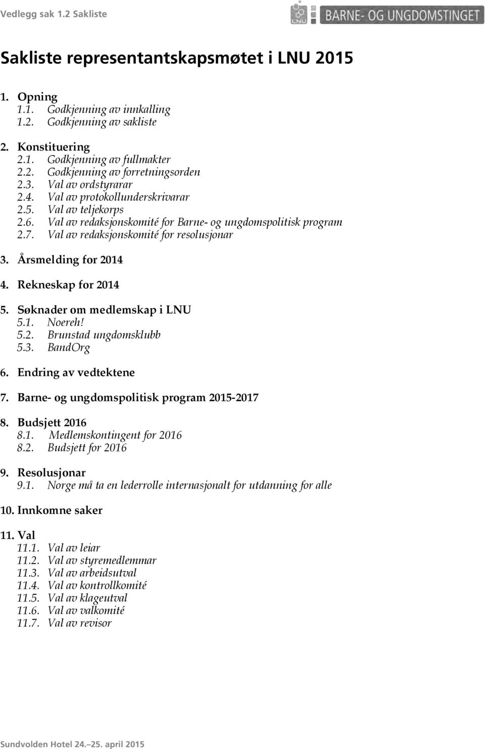 Årsmelding for 2014 4. Rekneskap for 2014 5. Søknader om medlemskap i LNU 5.1. Noereh! 5.2. Brunstad ungdomsklubb 5.3. BandOrg 6. Endring av vedtektene 7.