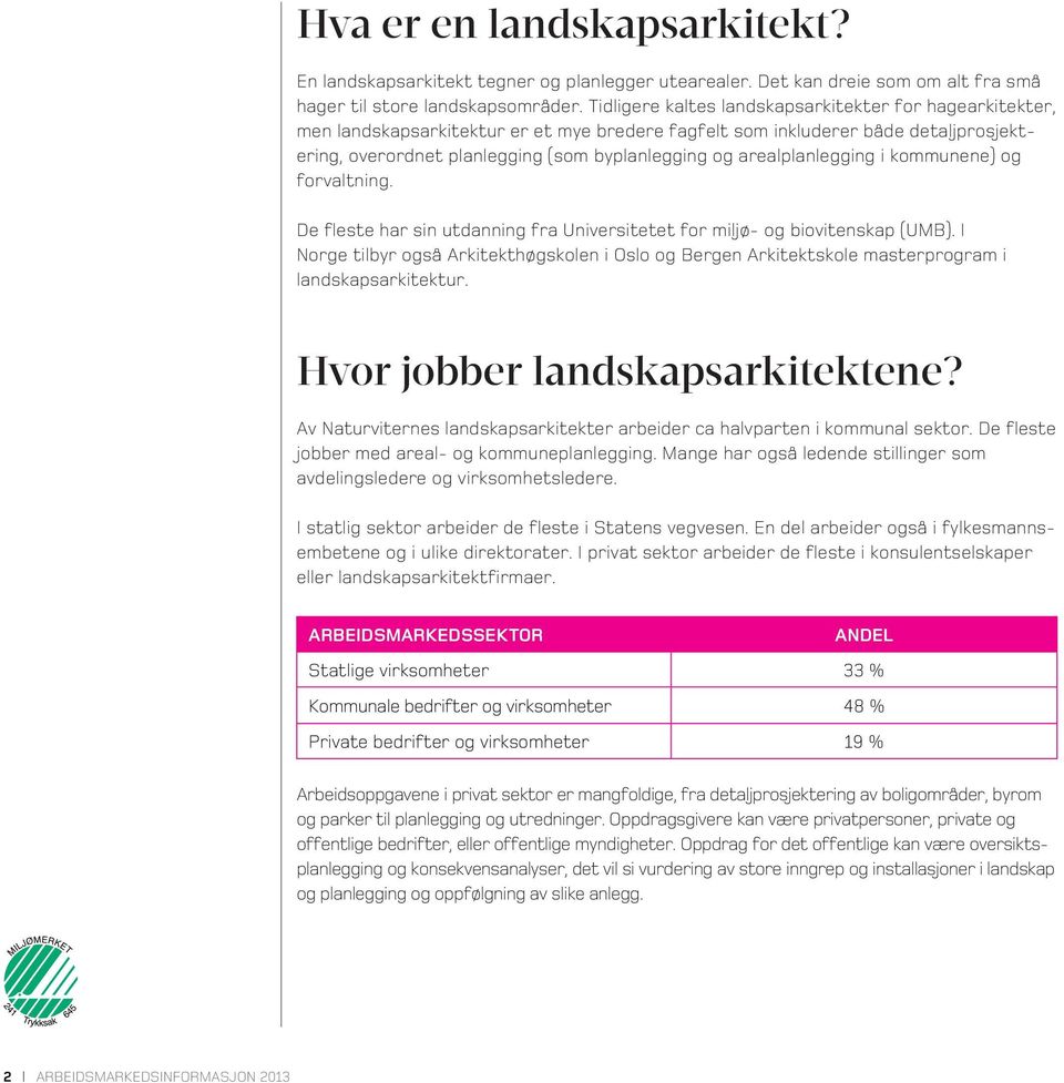 arealplanlegging i kommunene) og forvaltning. De fleste har sin utdanning fra Universitetet for miljø- og biovitenskap (UMB).