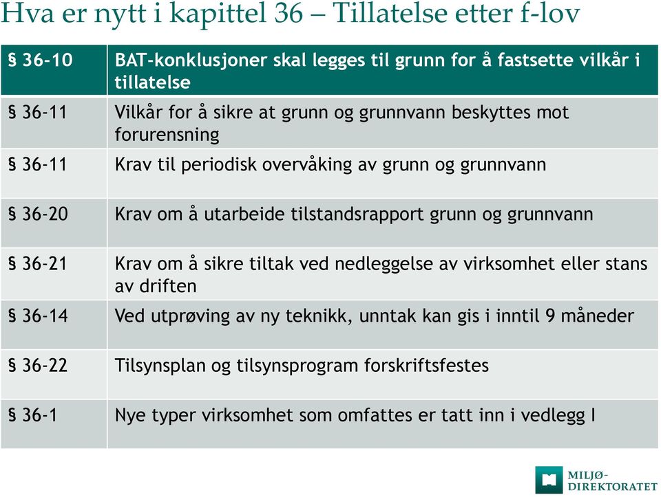 tilstandsrapport grunn og grunnvann 36-21 Krav om å sikre tiltak ved nedleggelse av virksomhet eller stans av driften 36-14 Ved utprøving av ny