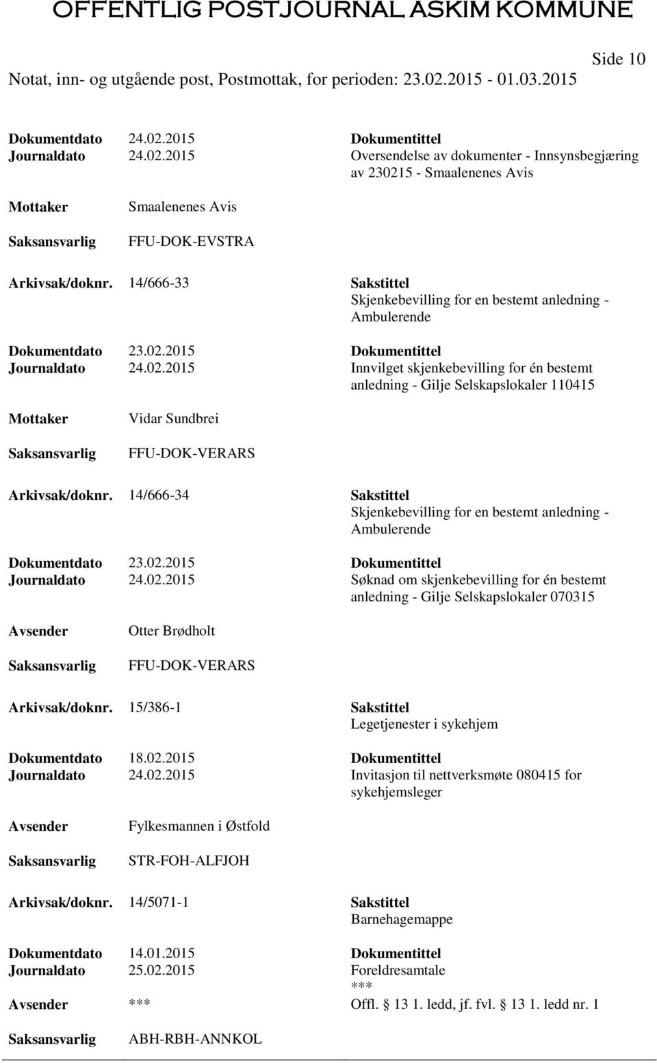 2015 Dokumentittel Journaldato 24.02.2015 Innvilget skjenkebevilling for én bestemt anledning - Gilje Selskapslokaler 110415 Vidar Sundbrei FFU-DOK-VERARS Arkivsak/doknr.