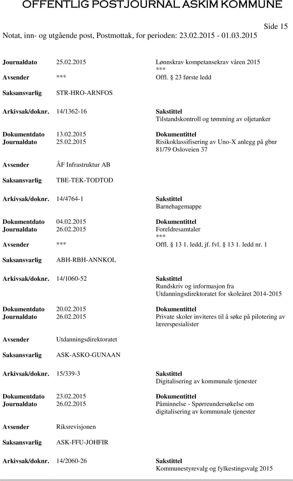 14/4764-1 Sakstittel Barnehagemappe Dokumentdato 04.02.2015 Dokumentittel Journaldato 26.02.2015 Foreldresamtaler Offl. 13 1. ledd, jf. fvl. 13 1. ledd nr. 1 ABH-RBH-ANNKOL Arkivsak/doknr.