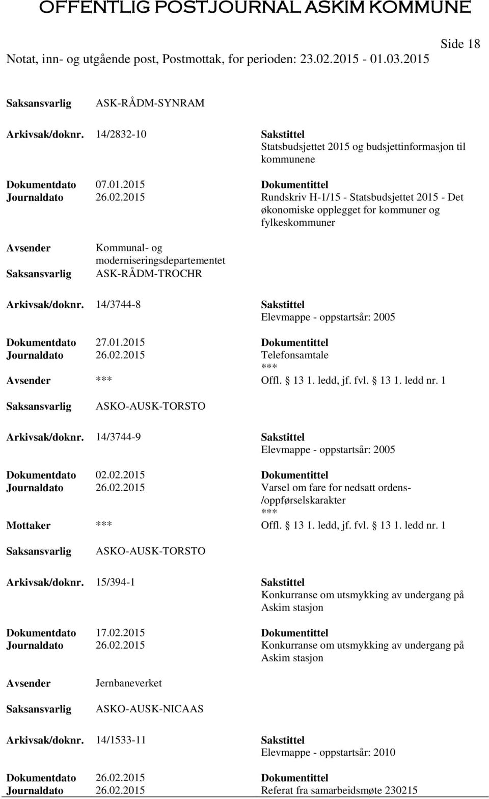 14/3744-8 Sakstittel Elevmappe - oppstartsår: 2005 Dokumentdato 27.01.2015 Dokumentittel Journaldato 26.02.2015 Telefonsamtale Offl. 13 1. ledd, jf. fvl. 13 1. ledd nr.