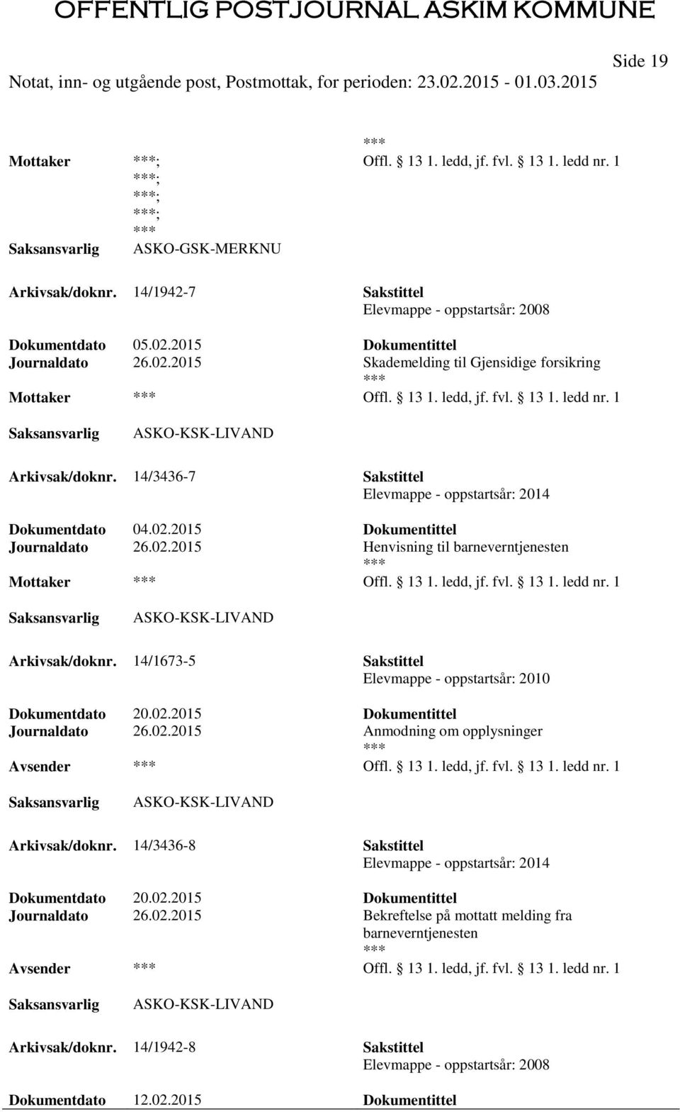 14/3436-7 Sakstittel Elevmappe - oppstartsår: 2014 Dokumentdato 04.02.2015 Dokumentittel Journaldato 26.02.2015 Henvisning til barneverntjenesten Offl. 13 1. ledd, jf. fvl. 13 1. ledd nr.