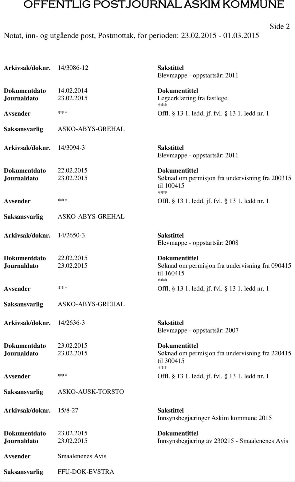 13 1. ledd, jf. fvl. 13 1. ledd nr. 1 ASKO-ABYS-GREHAL Arkivsak/doknr. 14/2650-3 Sakstittel Elevmappe - oppstartsår: 2008 Dokumentdato 22.02.