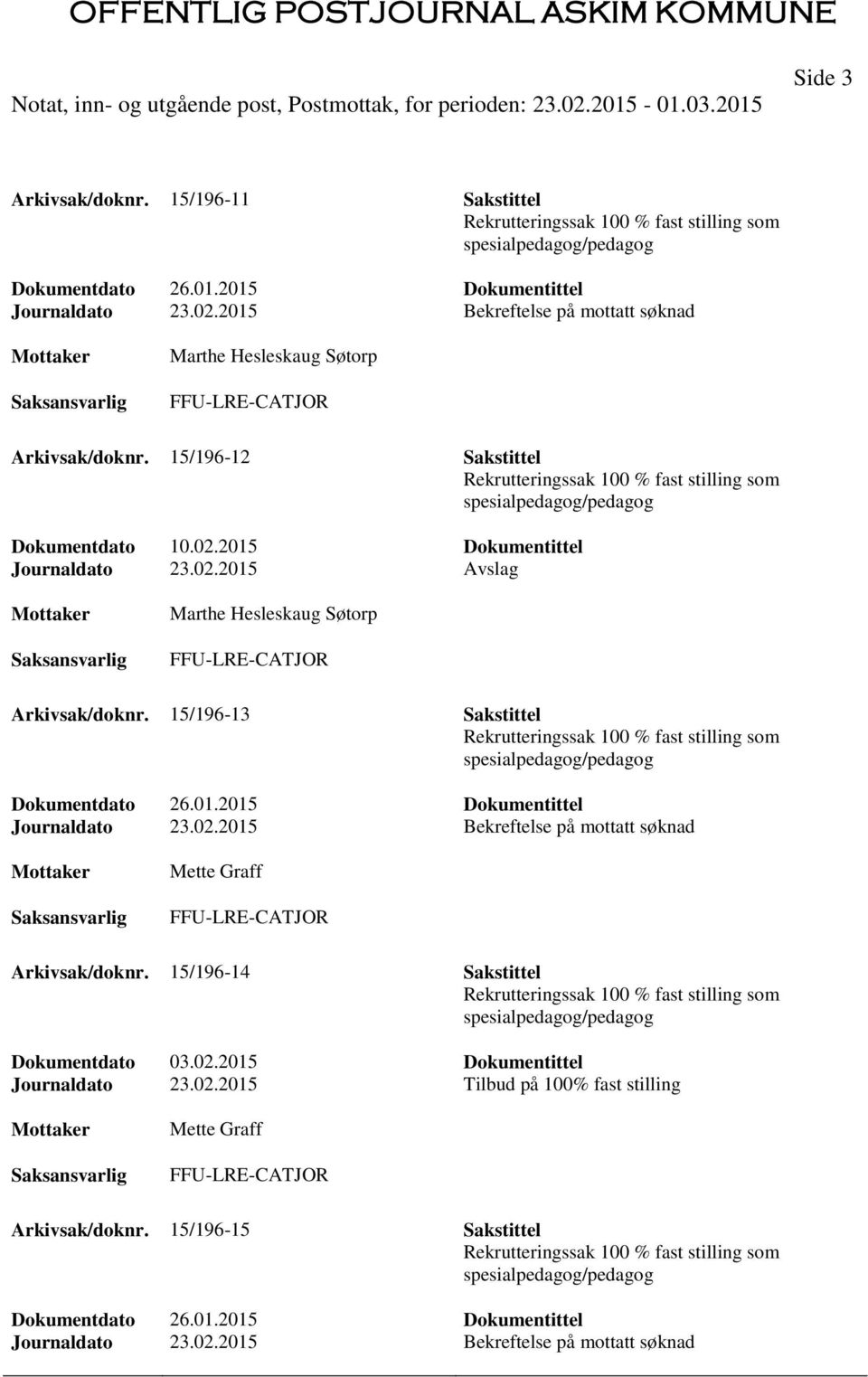 2015 Dokumentittel Journaldato 23.02.2015 Avslag Marthe Hesleskaug Søtorp FFU-LRE-CATJOR Arkivsak/doknr.