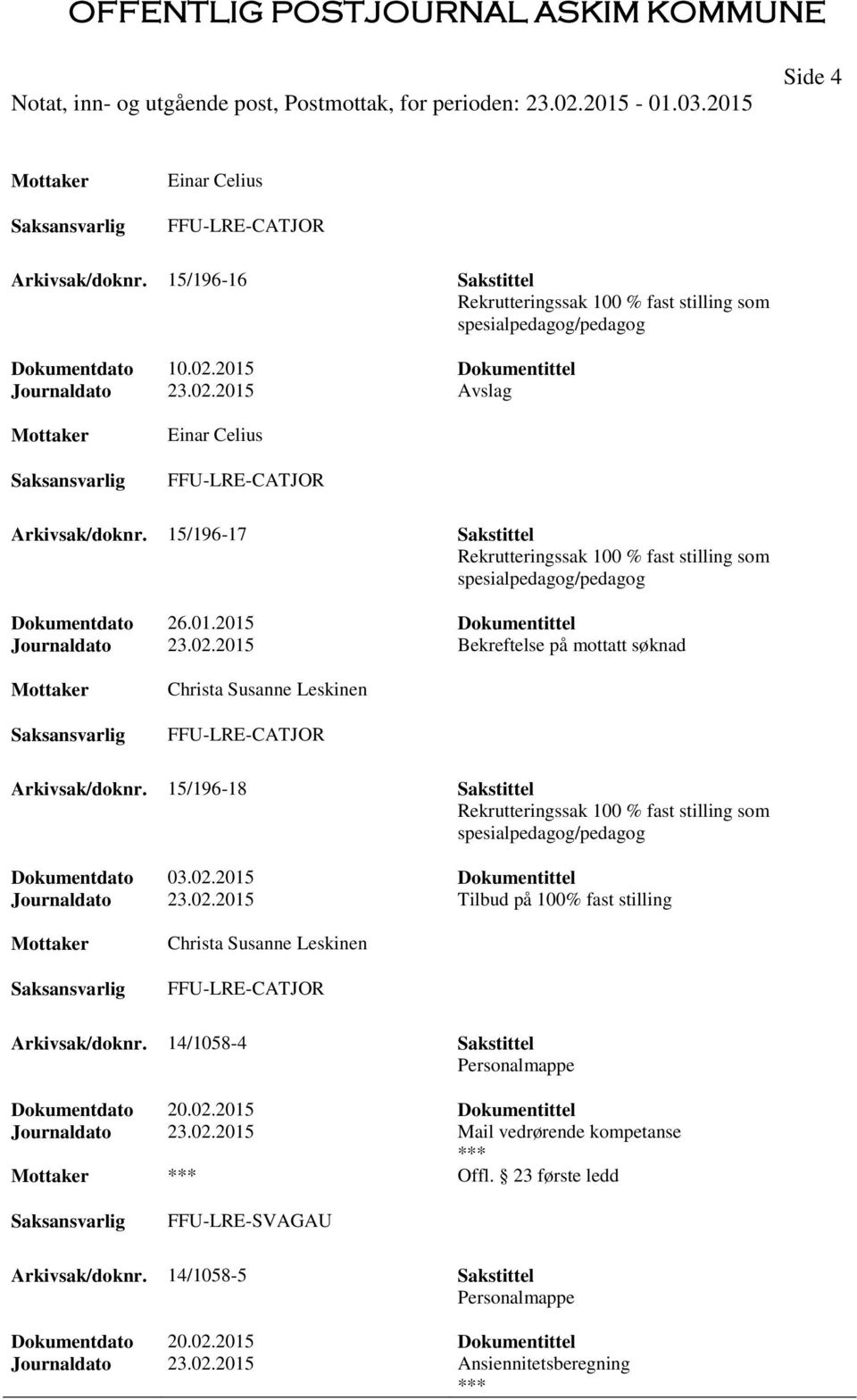 15/196-18 Sakstittel Rekrutteringssak 100 % fast stilling som spesialpedagog/pedagog Dokumentdato 03.02.2015 Dokumentittel Journaldato 23.02.2015 Tilbud på 100% fast stilling Christa Susanne Leskinen FFU-LRE-CATJOR Arkivsak/doknr.