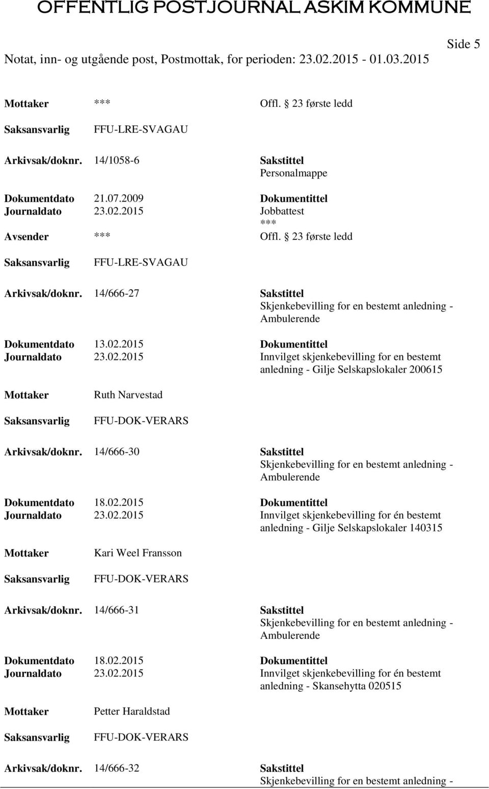 2015 Dokumentittel Journaldato 23.02.2015 Innvilget skjenkebevilling for en bestemt anledning - Gilje Selskapslokaler 200615 Ruth Narvestad FFU-DOK-VERARS Arkivsak/doknr.