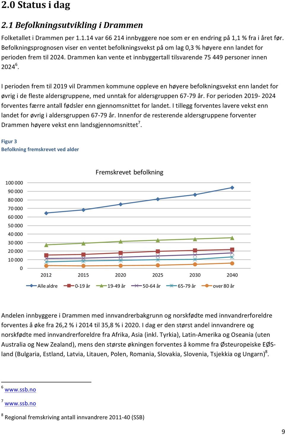 I perioden frem til 2019 vil Drammen kommune oppleve en høyere befolkningsvekst enn landet for øvrig i de fleste aldersgruppene, med unntak for aldersgruppen 67-79 år.