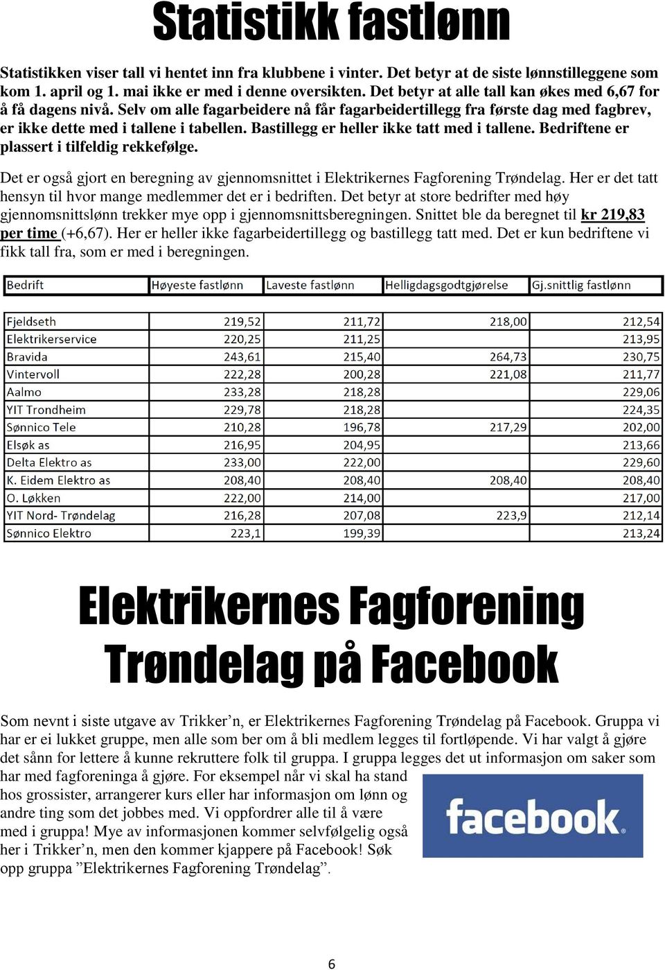 Bastillegg er heller ikke tatt med i tallene. Bedriftene er plassert i tilfeldig rekkefølge. Det er også gjort en beregning av gjennomsnittet i Elektrikernes Fagforening Trøndelag.