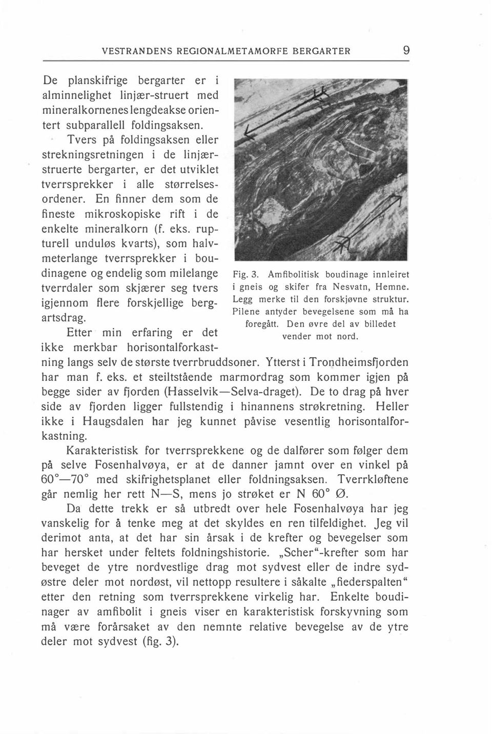 En finner dem som de fineste mikroskopiske rift i de enkelte mineralkorn (f. eks. rupturell unduløs kvarts), som halvmeterlange tverrsprekker i boudinagene og endelig som milelange Fig. 3.