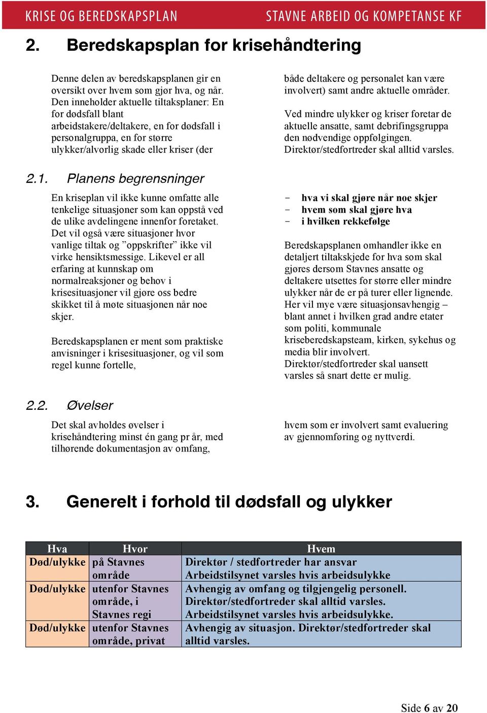 Planens begrensninger En kriseplan vil ikke kunne omfatte alle tenkelige situasjoner som kan oppstå ved de ulike avdelingene innenfor foretaket.