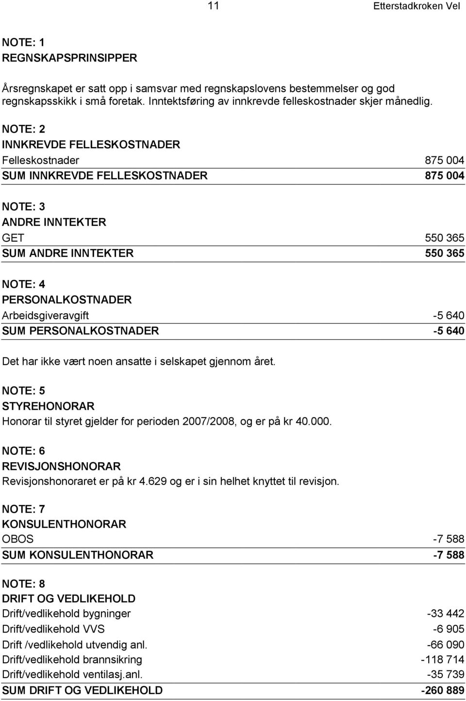 NOTE: 2 INNKREVDE FELLESKOSTNADER Felleskostnader 875 004 SUM INNKREVDE FELLESKOSTNADER 875 004 NOTE: 3 ANDRE INNTEKTER GET 550 365 SUM ANDRE INNTEKTER 550 365 NOTE: 4 PERSONALKOSTNADER