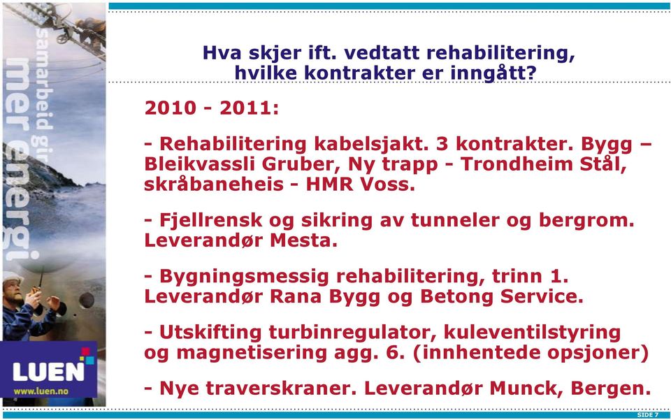 Leverandør Mesta. - Bygningsmessig rehabilitering, trinn 1. Leverandør Rana Bygg og Betong Service.