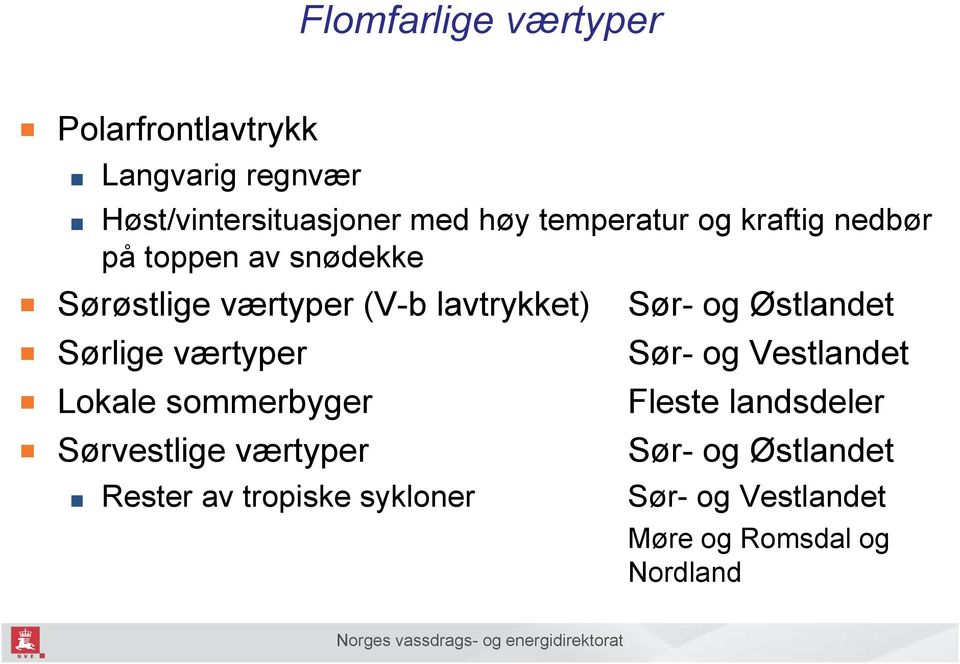 værtyper Lokale sommerbyger Sørvestlige værtyper Rester av tropiske sykloner Sør- og Østlandet