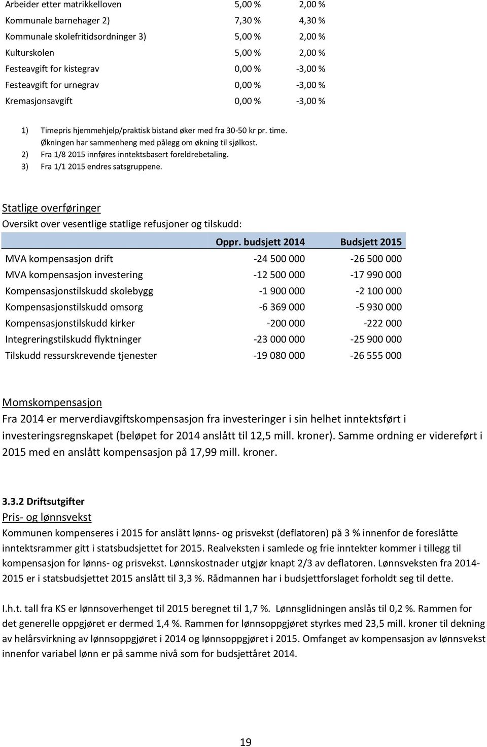 Økningen har sammenheng med pålegg om økning til sjølkost. 2) Fra 1/8 2015 innføres inntektsbasert foreldrebetaling. 3) Fra 1/1 2015 endres satsgruppene.