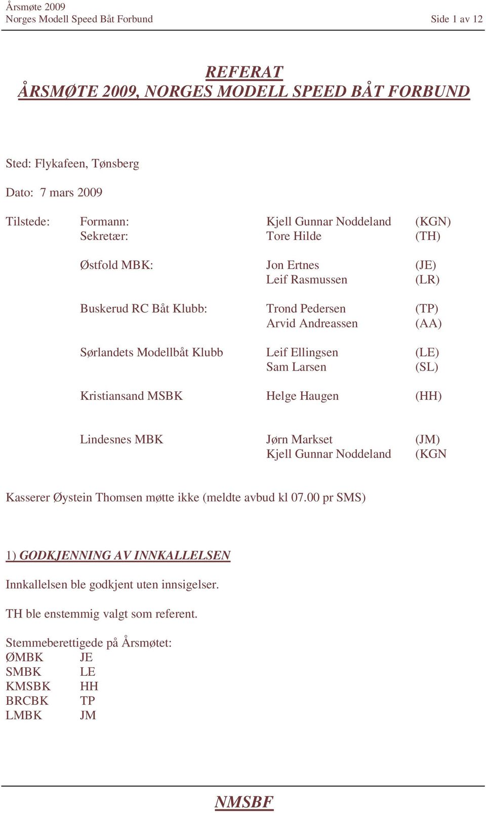 Ellingsen (LE) Sam Larsen (SL) Kristiansand MSBK Helge Haugen (HH) Lindesnes MBK Jørn Markset (JM) Kjell Gunnar Noddeland (KGN Kasserer Øystein Thomsen møtte ikke (meldte avbud kl 07.