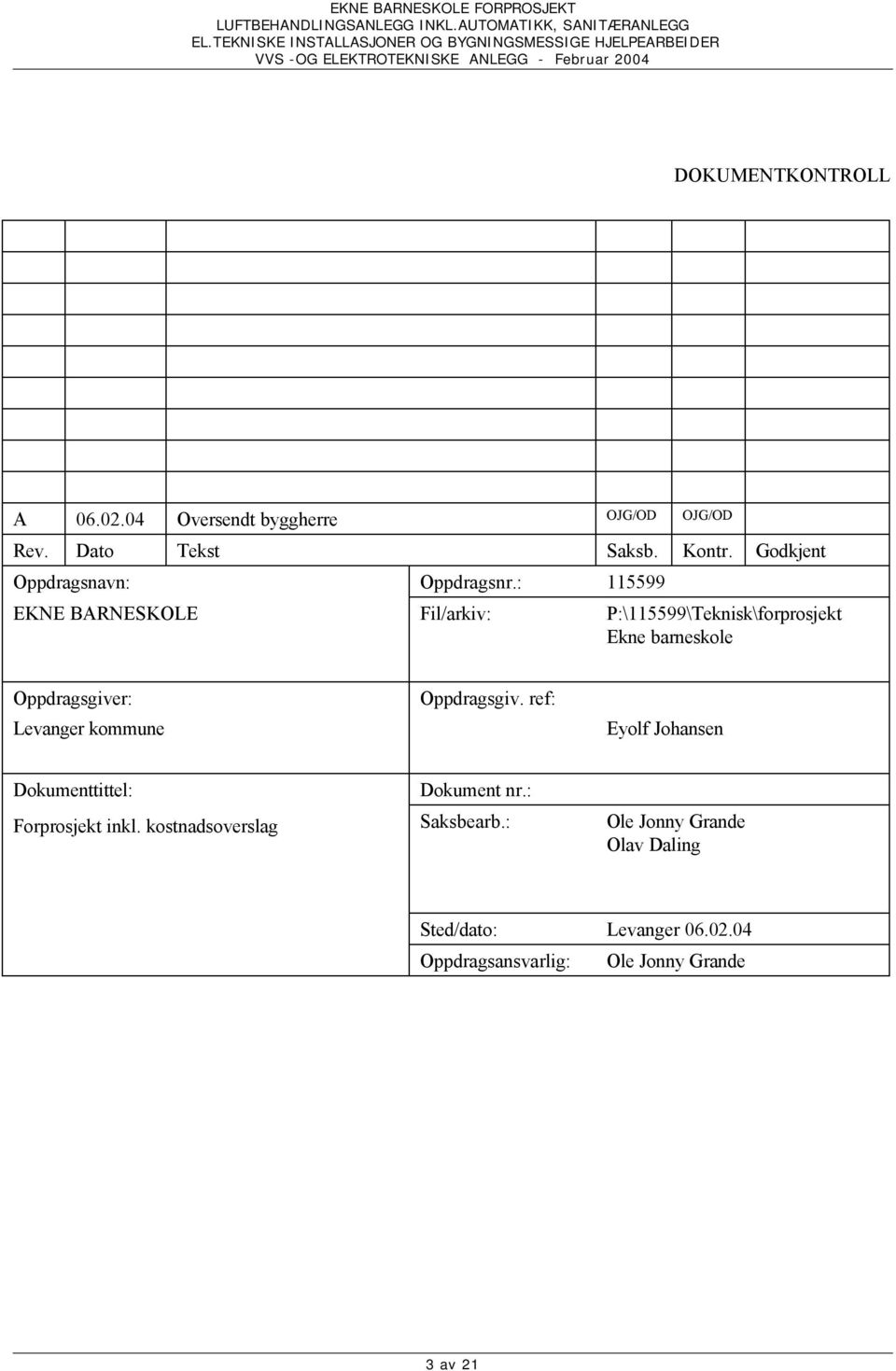 : 115599 EKNE BARNESKOLE Fil/arkiv: P:\115599\Teknisk\forprosjekt Ekne barneskole Oppdragsgiver: Levanger