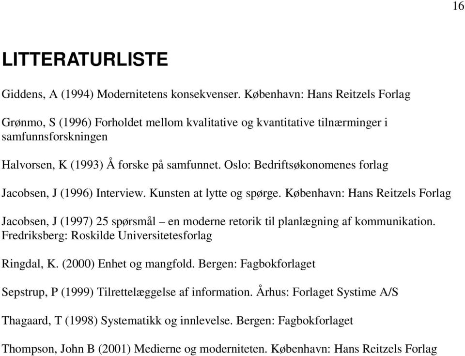 Oslo: Bedriftsøkonomenes forlag Jacobsen, J (1996) Interview. Kunsten at lytte og spørge.