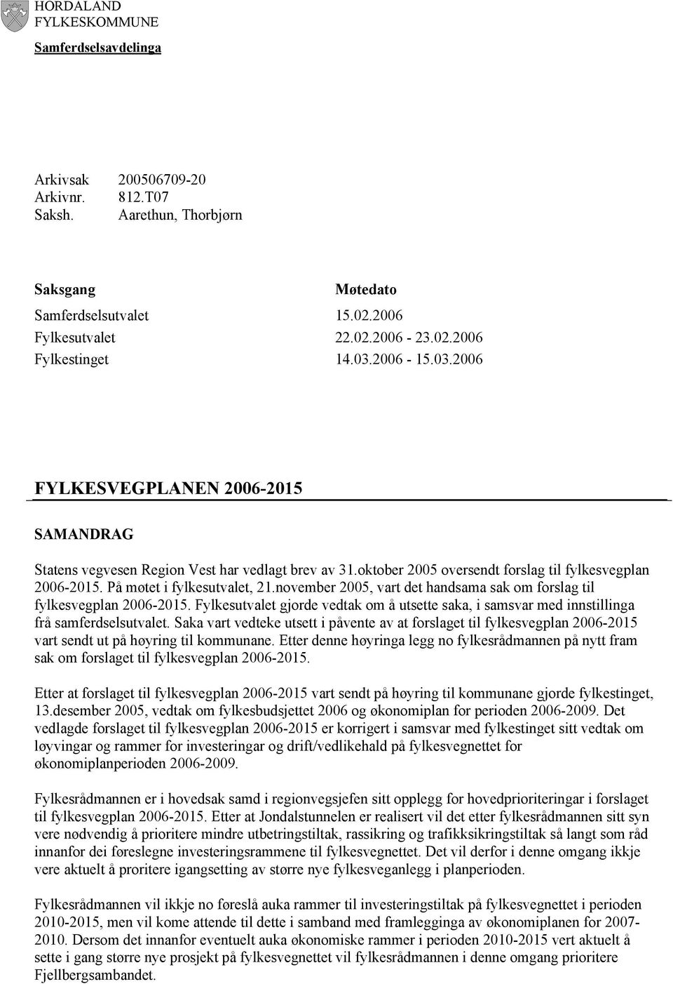 På møtet i fylkesutvalet, 21.november 2005, vart det handsama sak om forslag til fylkesvegplan 2006-2015.