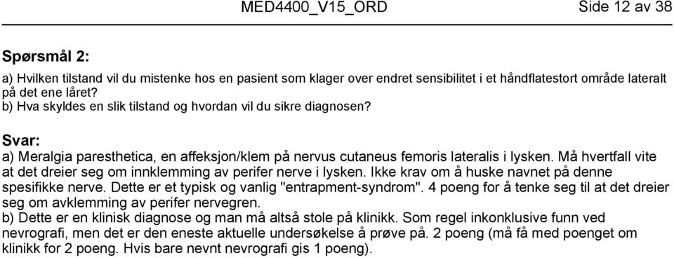 Må hvertfall vite at det dreier seg om innklemming av perifer nerve i lysken. Ikke krav om å huske navnet på denne spesifikke nerve. Dette er et typisk og vanlig "entrapment-syndrom".