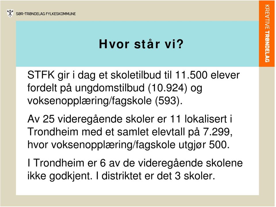 Av 25 videregående skoler er 11 lokalisert i Trondheim med et samlet elevtall på 7.