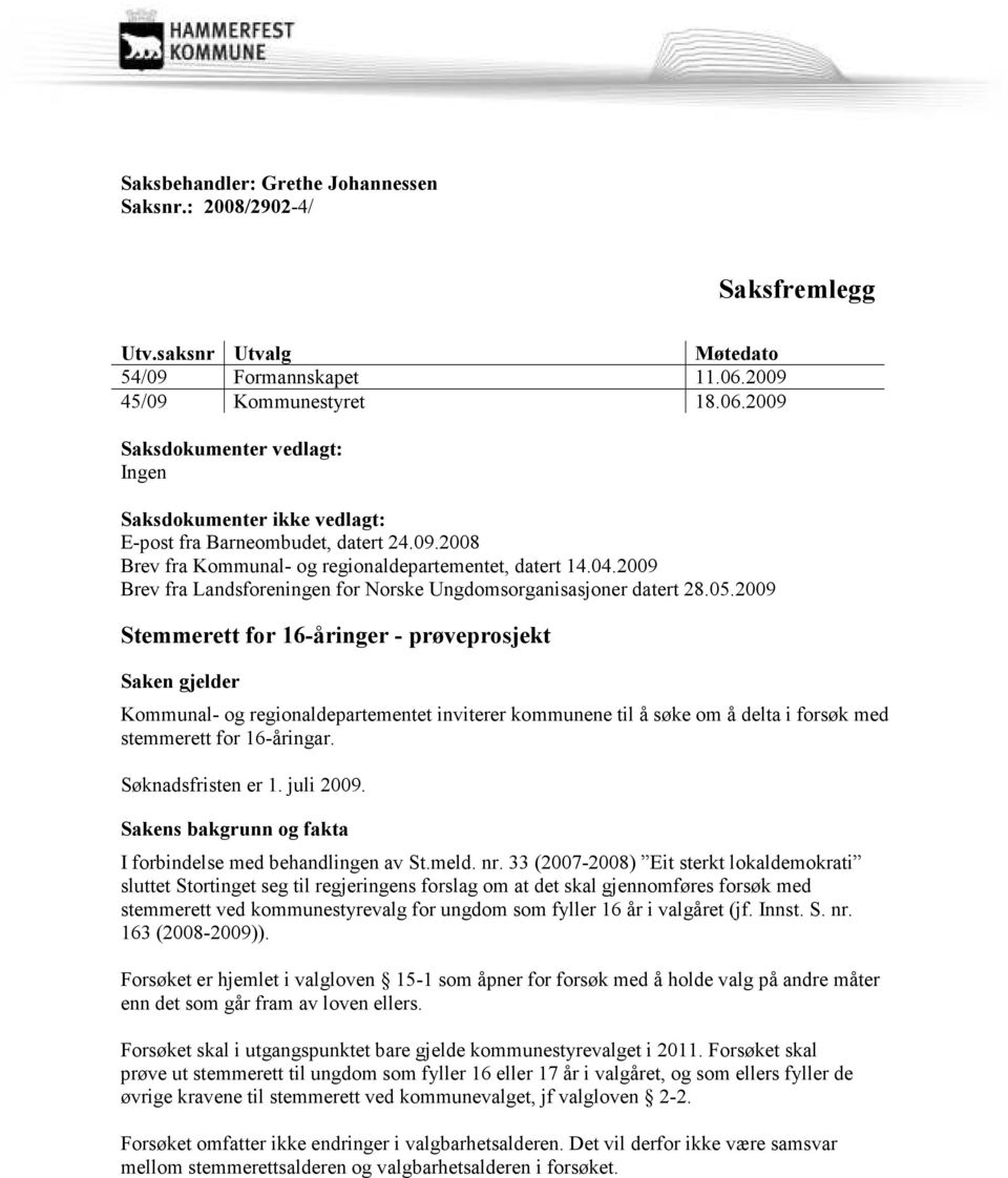 2009 Brev fra Landsforeningen for Norske Ungdomsorganisasjoner datert 28.05.