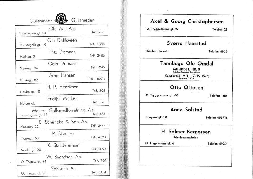 25 Telf. 2444 P. Skarsten Munkegt. 60 Telf. 4728 Axel & Georg Christophersen O. Tryggvessøns gt. 27 Telefon 28 Sverre Haarstad Bikuben Torvet Telefon 4939 Tannlæge Ole Omdal MUNKEGT. NR.