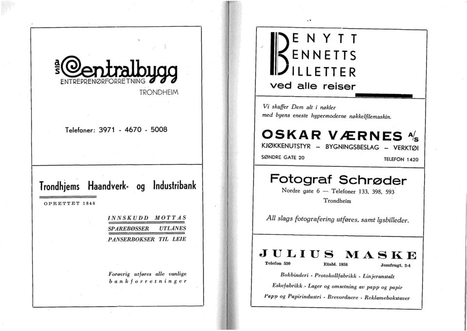 133, 398, 593 Trondheim INNSKUDD SPAREBØSSER PANSERBOKSER MOTTAS UTLÅNES TIL LEIE Ått slags fotografering utføres, samt Igsbilleder.