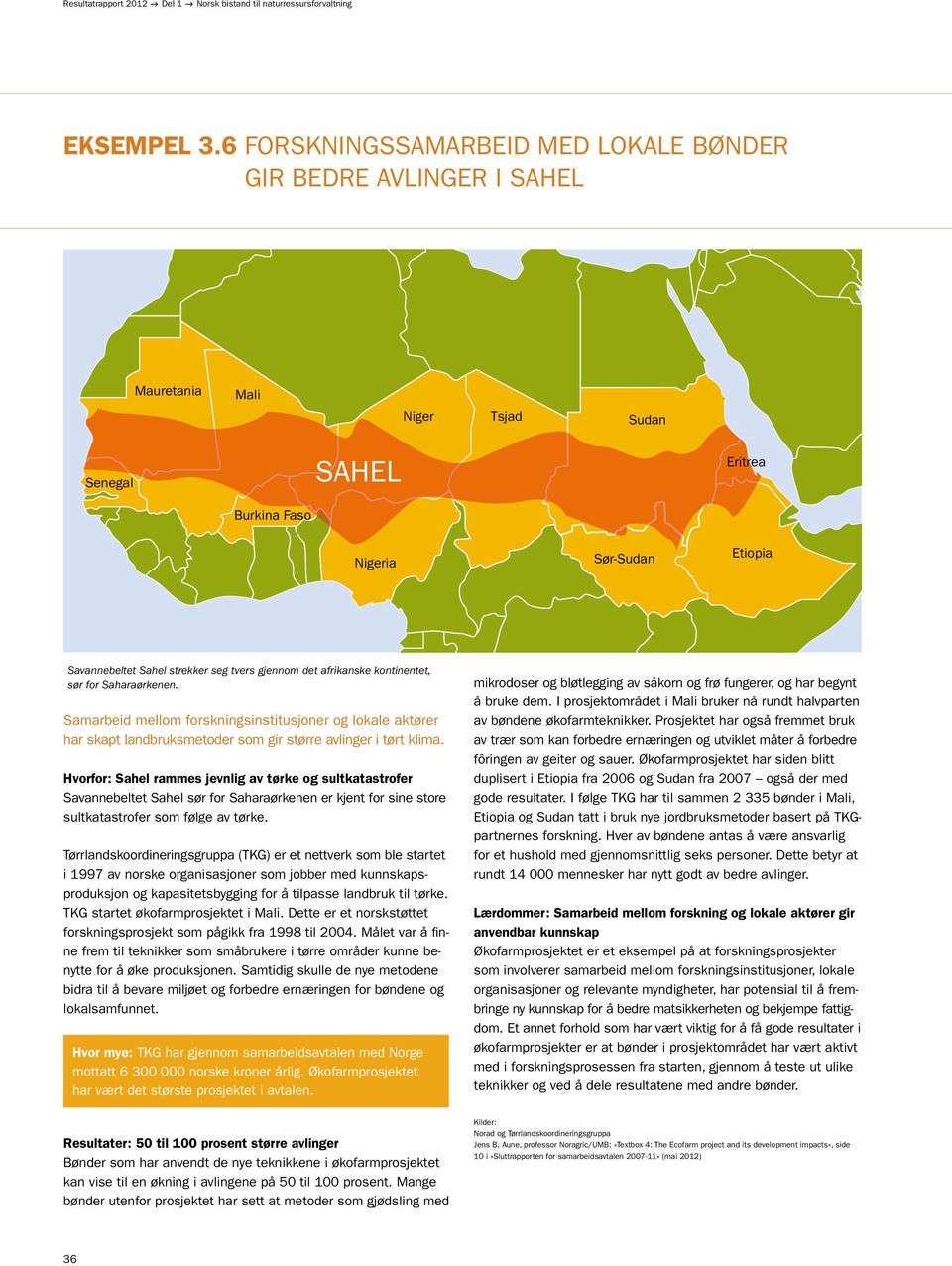 tvers gjennom det afrikanske kontinentet, sør for Saharaørkenen. Samarbeid mellom forskningsinstitusjoner og lokale aktører har skapt landbruksmetoder som gir større avlinger i tørt klima.