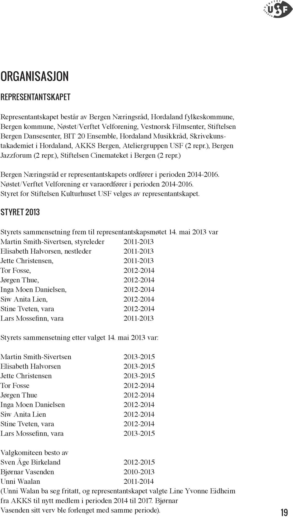 ) Bergen Næringsråd er representantskapets ordfører i perioden 2014-2016. Nøstet/Verftet Velforening er varaordfører i perioden 2014-2016.