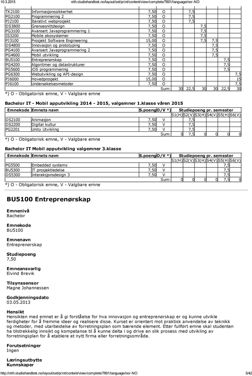 PG4200 Algoritmer og datastrukturer O 7,5 PG5600 ios programmering O 7,5 PG6300 Webutvikling og API design O 7,5 PJ6000 Hovedprosjekt 15,00 O 15 PJ6100 Undersøkelsesmetoder O 7,5 Sum: 30 22,5 30 30