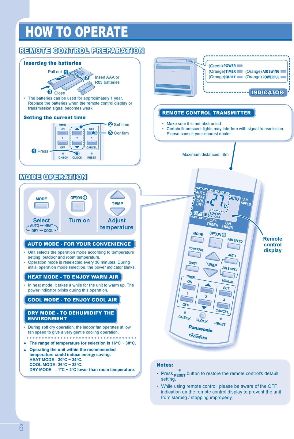 Setting the current time TIMER 1 2 3 Set time Confi rm REMOTE CTROL TRANSMITTER INDICATOR Make sure it is not obstructed. Certain fl uorescent lights may interfere with signal transmission.